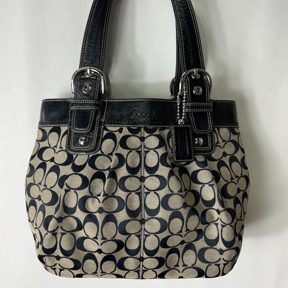 Coach Signature Black Canvas Leather Trim - Double Handles - Tote Shoulder Bag